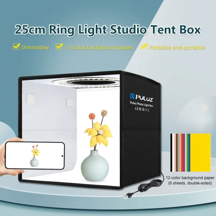 PULUZ 25cm Folding Portable High 97 CRI Ring Light Photo Lighting
